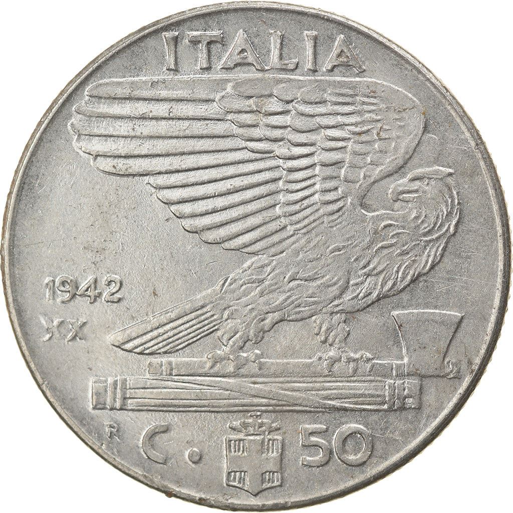 Italy 50 Centesimi Coin | Vittorio Emanuele III | Eagle | Fasces | Axe | KM76b | 1939 - 1943