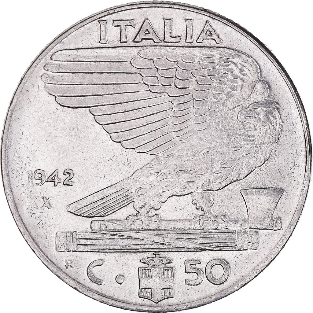 Italy 50 Centesimi Coin | Vittorio Emanuele III | Eagle | Fasces | Axe | KM76b | 1939 - 1943