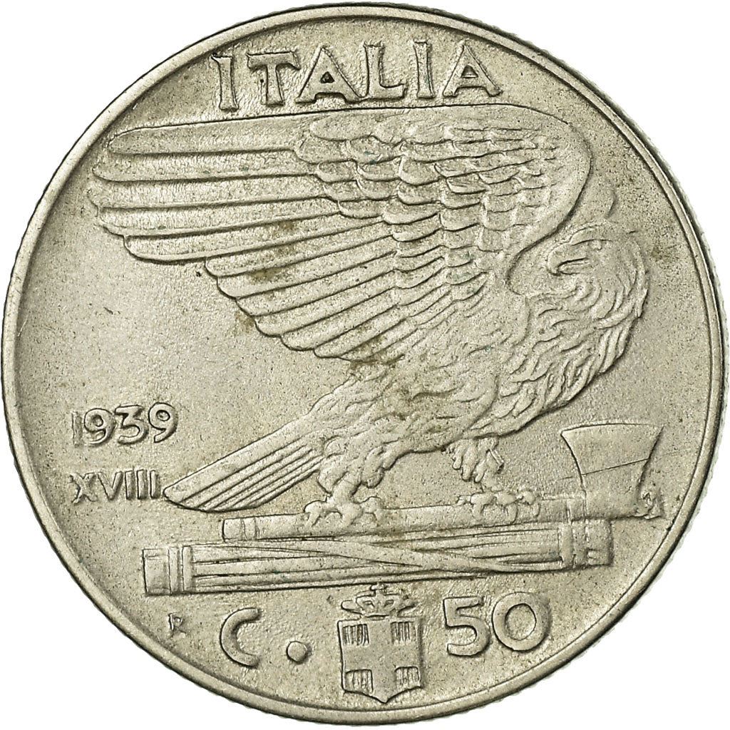 Italy 50 Centesimi Coin | Vittorio Emanuele III | Eagle | Fasces | Axe | KM76b | 1939 - 1943