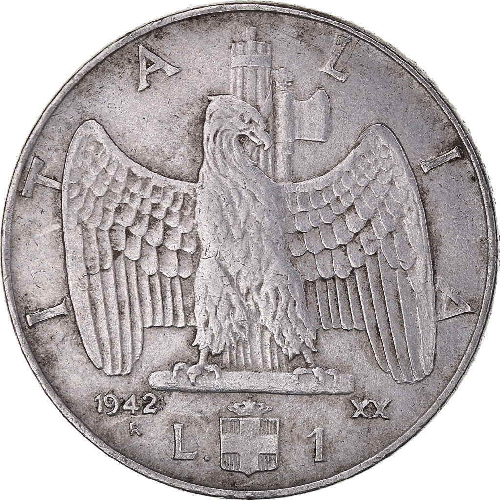 Italy Coin 1 Lira - Vittorio Emanuele III | Eagle | Fasces | Axe | Savoy Shield | KM77b | 1939 - 1943