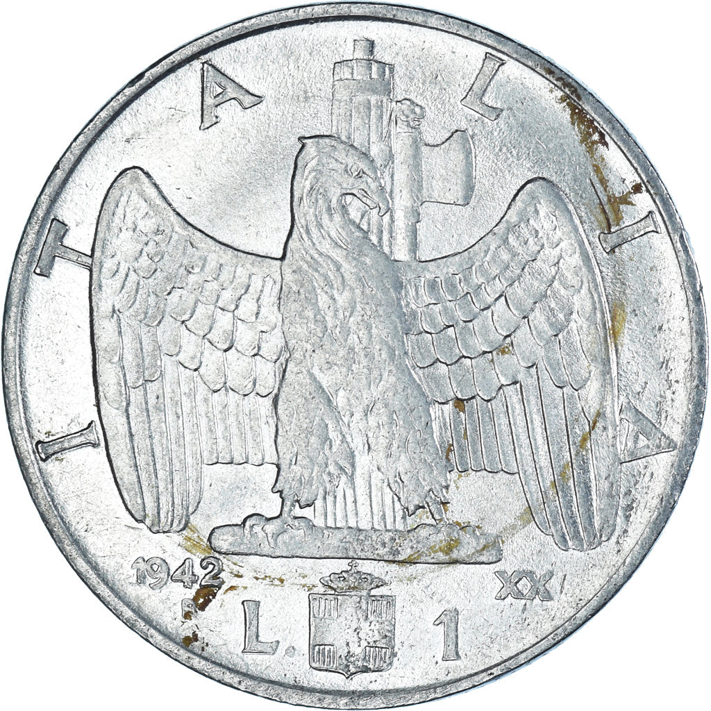 Italy Coin 1 Lira - Vittorio Emanuele III | Eagle | Fasces | Axe | Savoy Shield | KM77b | 1939 - 1943