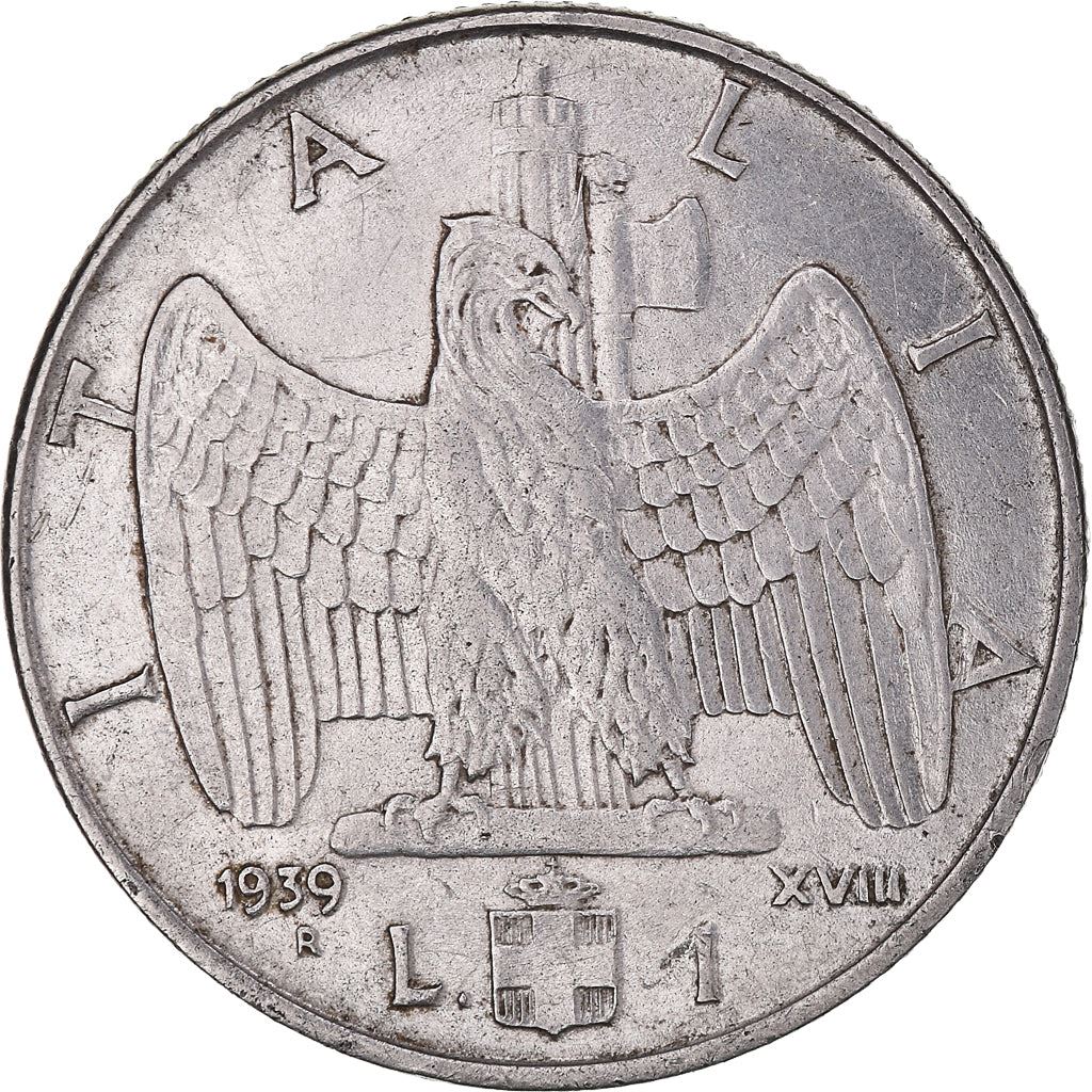 Italy Coin 1 Lira - Vittorio Emanuele III | Eagle | Savoy Shield | Axe | KM77a | 1939 - 1940