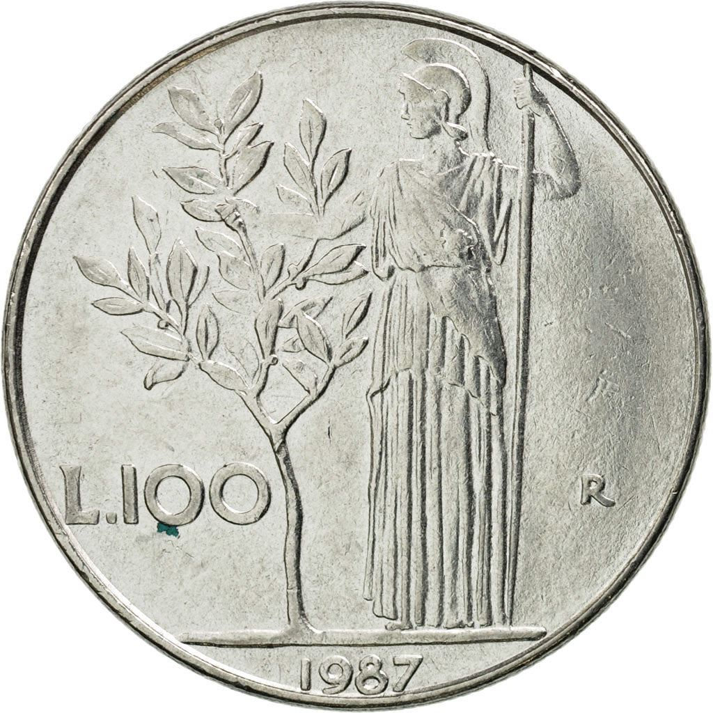 Italy Coin 100 Lire large type | Goddess Minerva | Long Spear | Tree | KM96.1 | 1955 - 1989