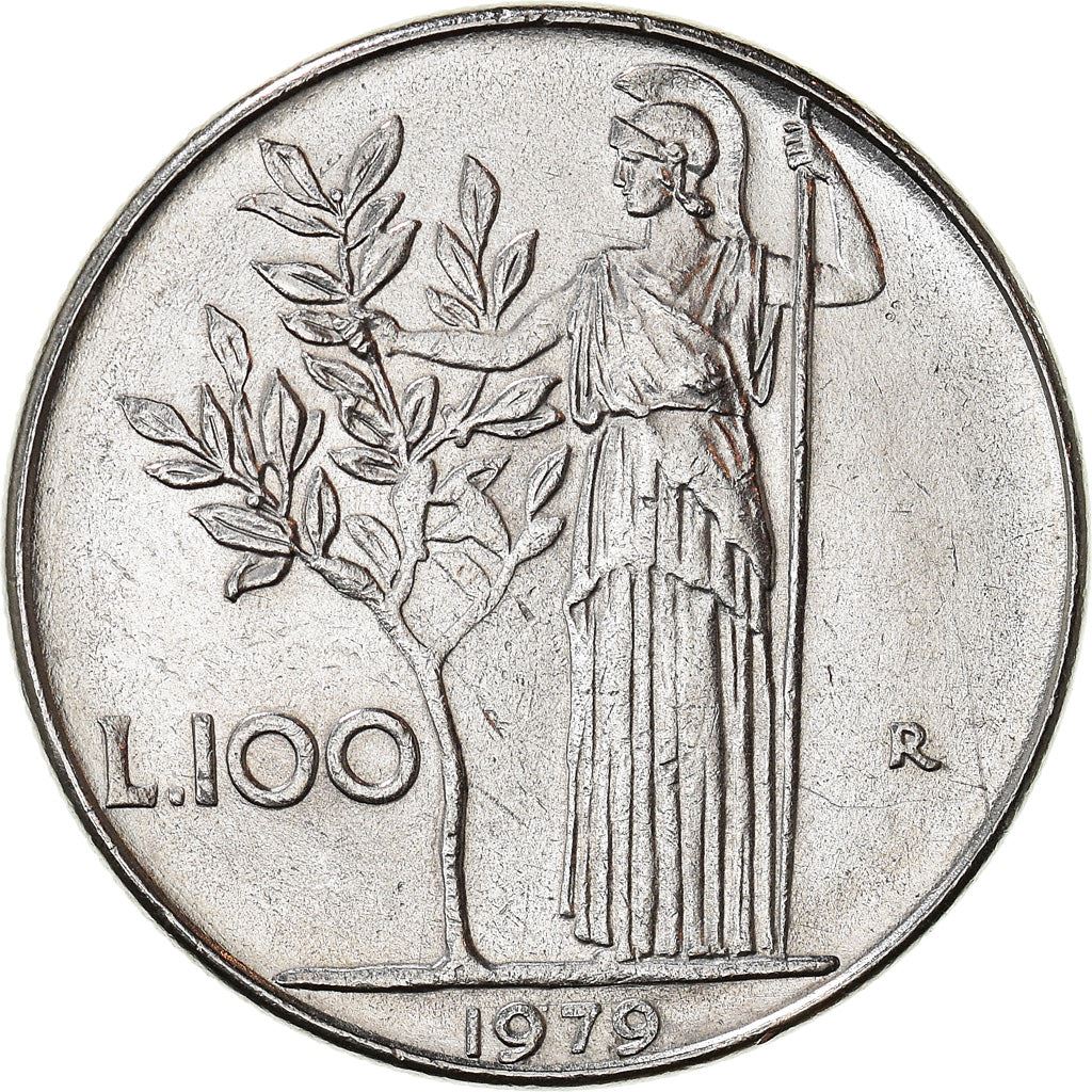 Italy Coin 100 Lire large type | Goddess Minerva | Long Spear | Tree | KM96.1 | 1955 - 1989