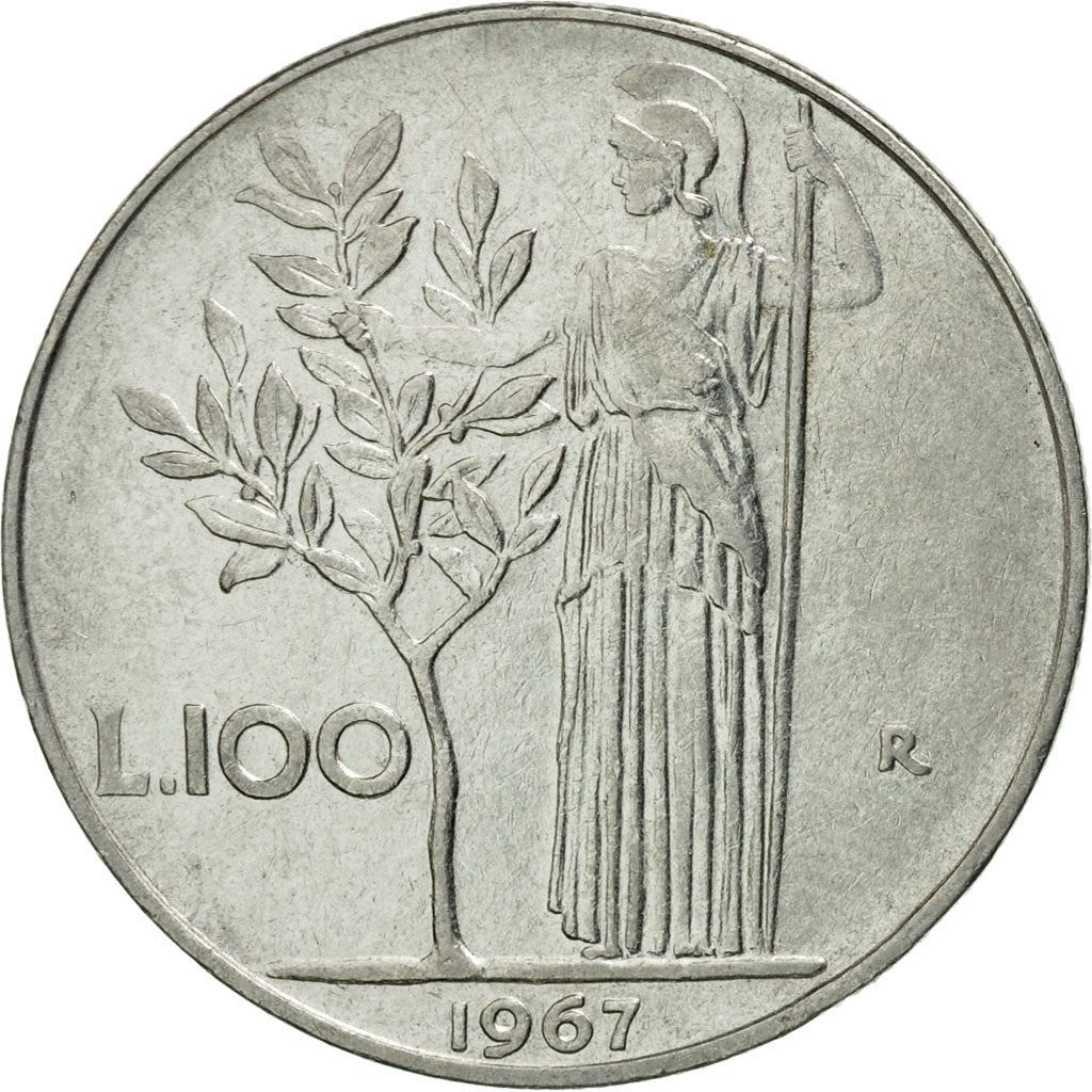 Italy Coin 100 Lire large type | Goddess Minerva | Long Spear | Tree | KM96.1 | 1955 - 1989