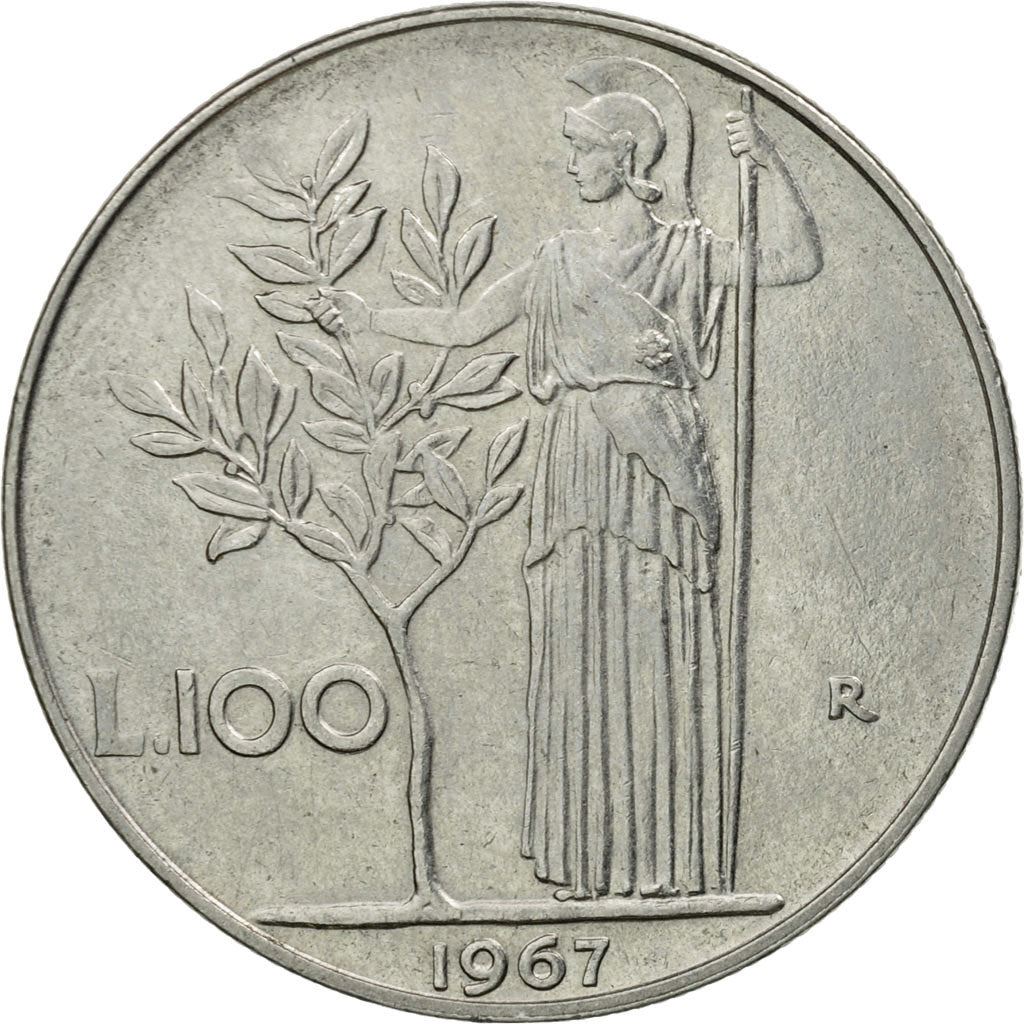 Italy Coin 100 Lire large type | Goddess Minerva | Long Spear | Tree | KM96.1 | 1955 - 1989