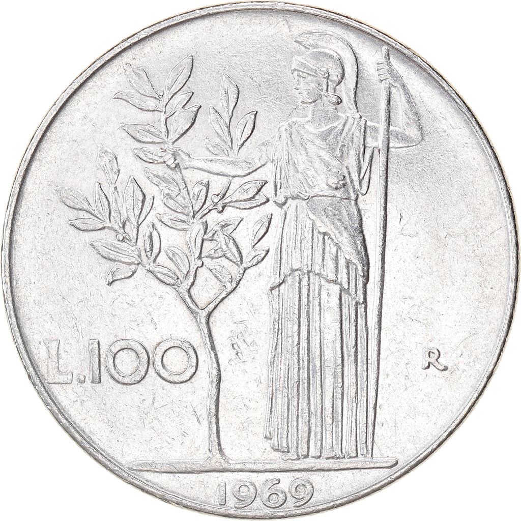 Italy Coin 100 Lire large type | Goddess Minerva | Long Spear | Tree | KM96.1 | 1955 - 1989