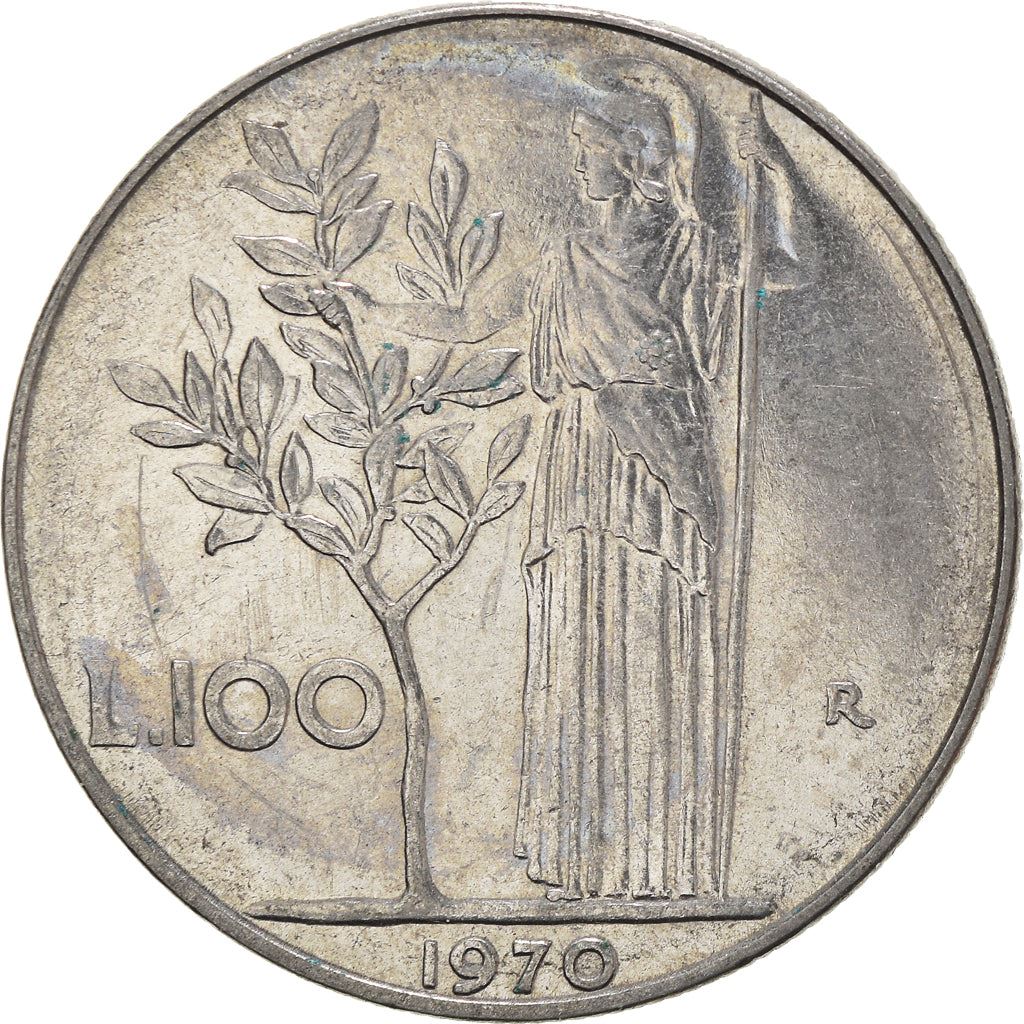 Italy Coin 100 Lire large type | Goddess Minerva | Long Spear | Tree | KM96.1 | 1955 - 1989