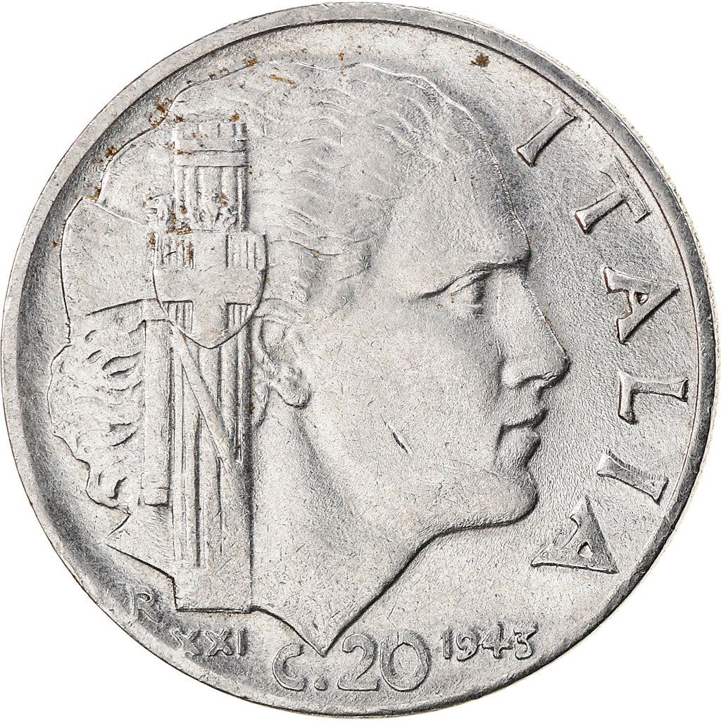 Italy Coin 20 Centesimi - Vittorio Emanuele III | Italia Turrita | Savoy Shield | KM75b | 1939 - 1943