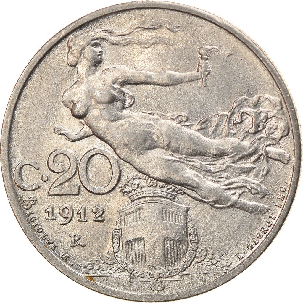 Italy Coin 20 Centesimi - Vittorio Emanuele III | Libertus | Flaming Torch | KM44 | 1908 - 1935