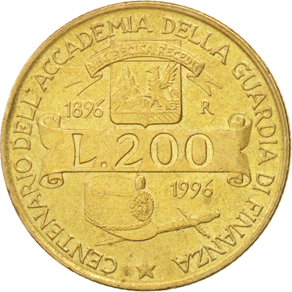 Italy Coin 200 Lire Academy of "Guardia di Finanza" | Caserta | Sword | KM184 | 1996