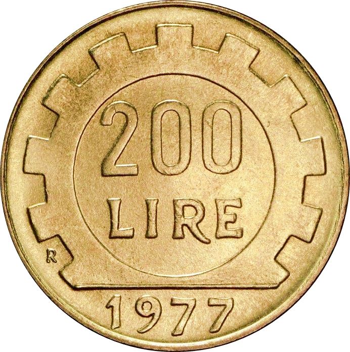 Italy Coin 200 Lire | Libertine | Gear | KM105 | 1977 - 2001