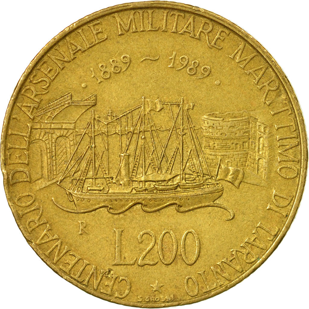 Italy Coin 200 Lire Taranto Naval Arsenal | Libertine | Ship Sailing | Castle | KM130 | 1989