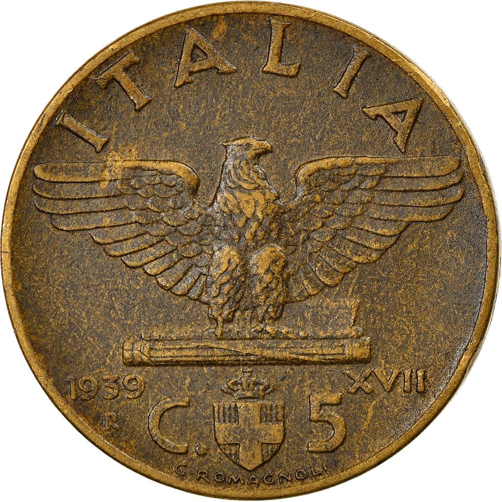 Italy Coin 5 Centesimi - Vittorio Emanuele III | Eagle | Fasces | Quadriga | KM73a | 1939 - 1943