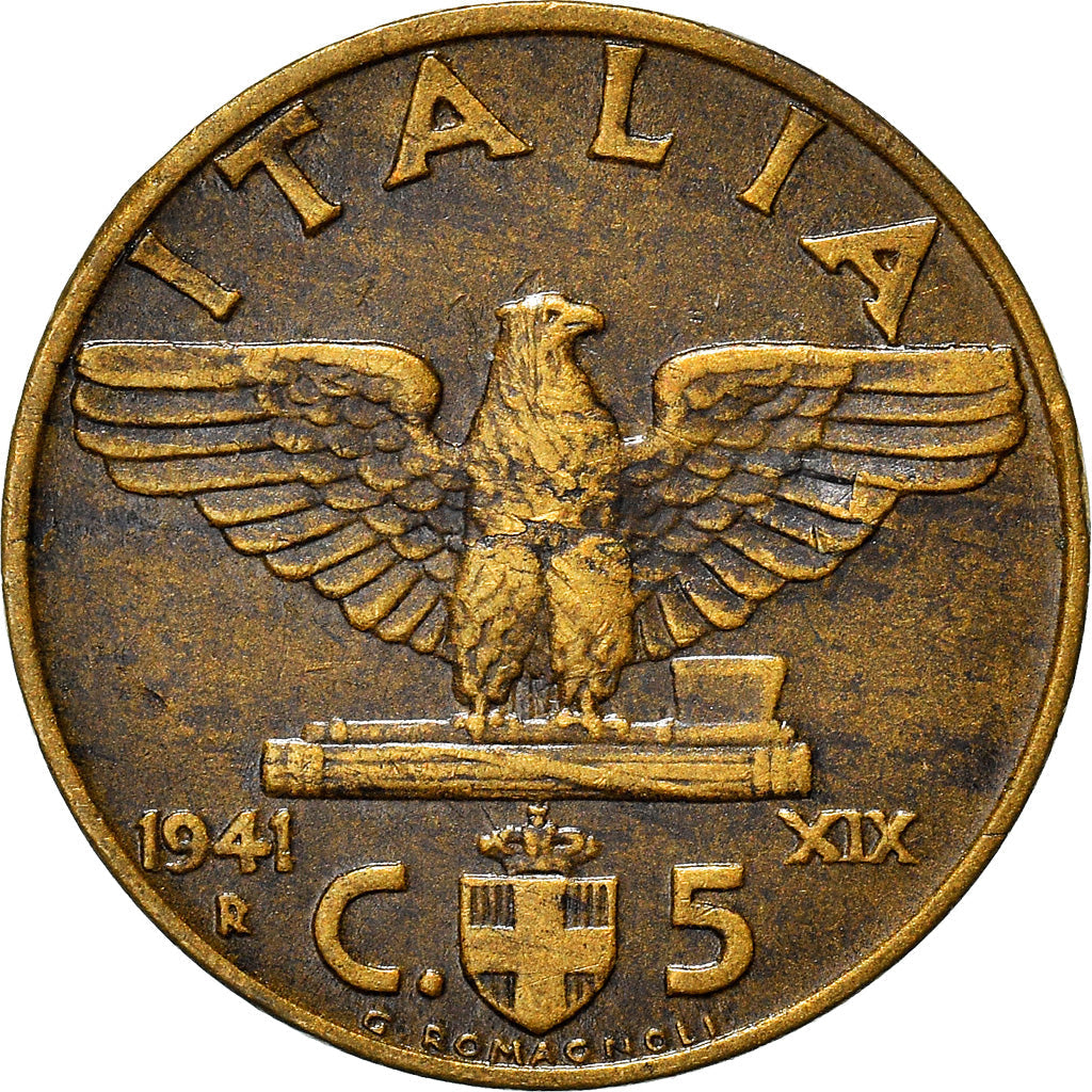 Italy Coin 5 Centesimi - Vittorio Emanuele III | Eagle | Fasces | Quadriga | KM73a | 1939 - 1943