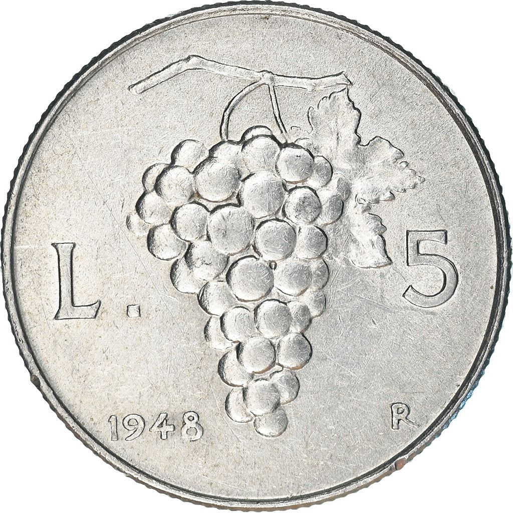 Italy Coin 5 Lire | Libertine | Burning Torch | Grapes | KM89 | 1946 - 1950