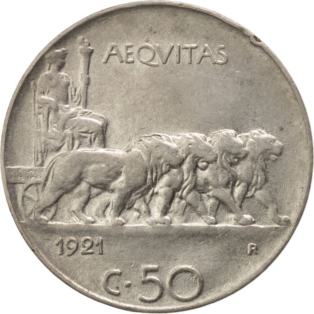 Italy Coin 50 Centesimi - Vittorio Emanuele III | Torch | Chariot | Lions | KM61 | 1919 - 1935