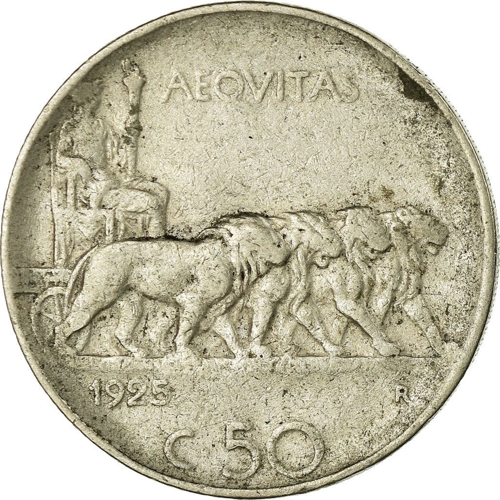 Italy Coin 50 Centesimi - Vittorio Emanuele III | Torch | Chariot | Lions | KM61 | 1919 - 1935