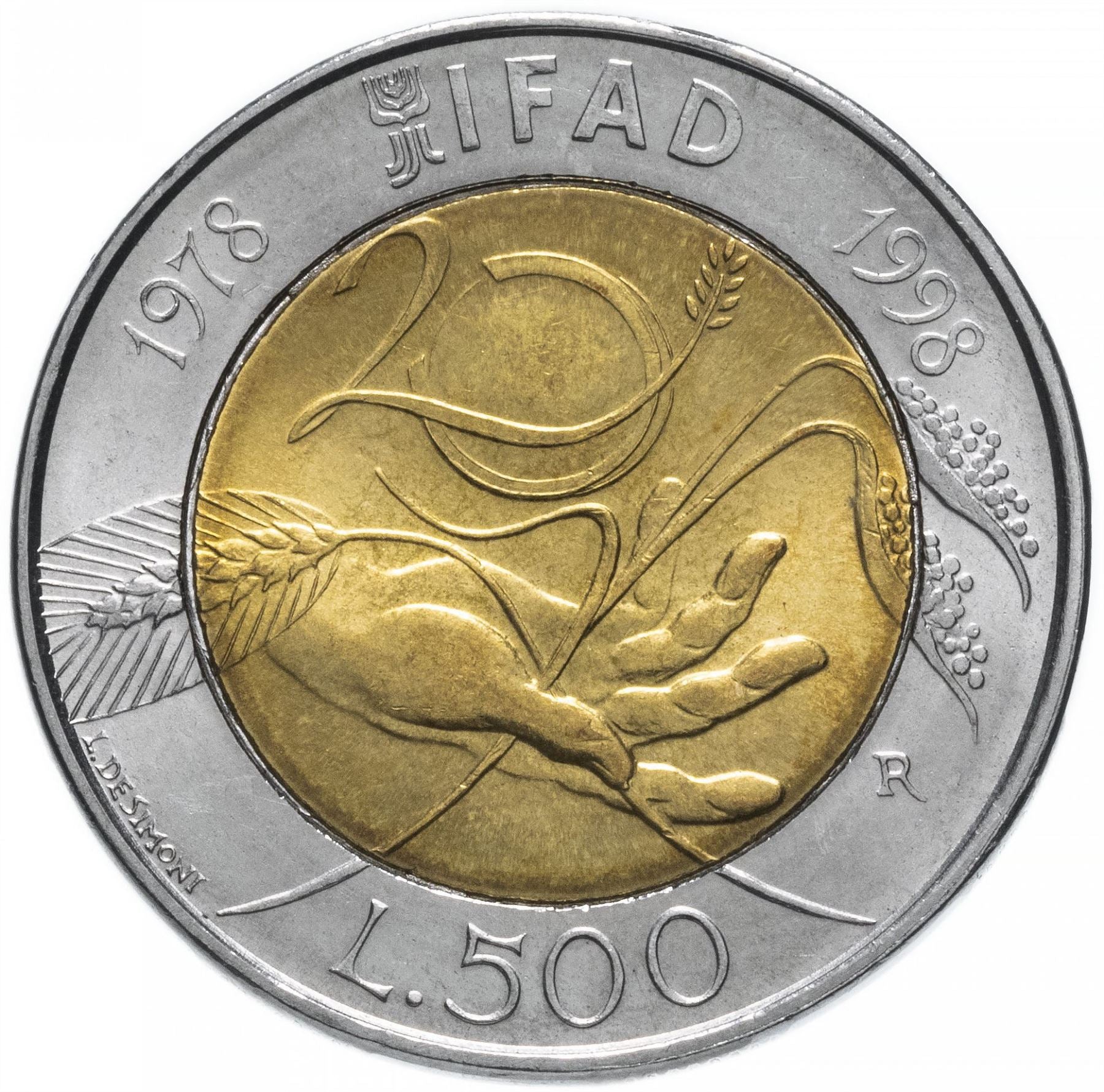 Italy Coin 500 Lire F.A.O. - IFAD | Shorghum Steam | Solar Globe | Wheat | KM193 | 1998