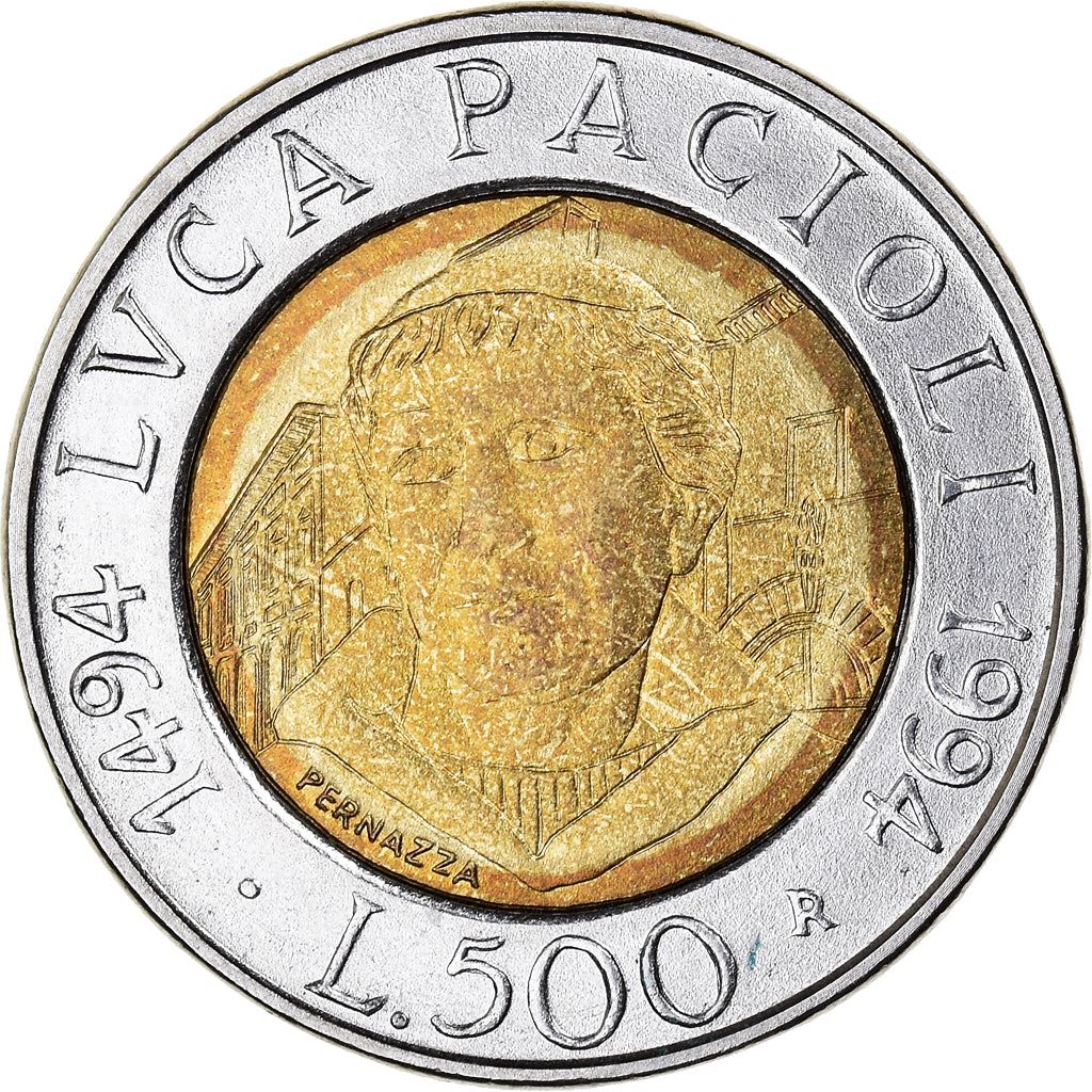 Italy Coin 500 Lire Luca Pacioli | Sansepolcro | Tuscany | KM167 | 1994