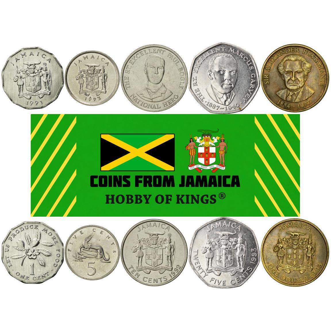 Jamaica | 5 Coin Set | 1 Cent 5 10 25 Cents 1 Dollar | Ackee fruit | American crocodile | Paul Bogle | Marcus Garvey | Alexander Bustamante | 1990 - 1994