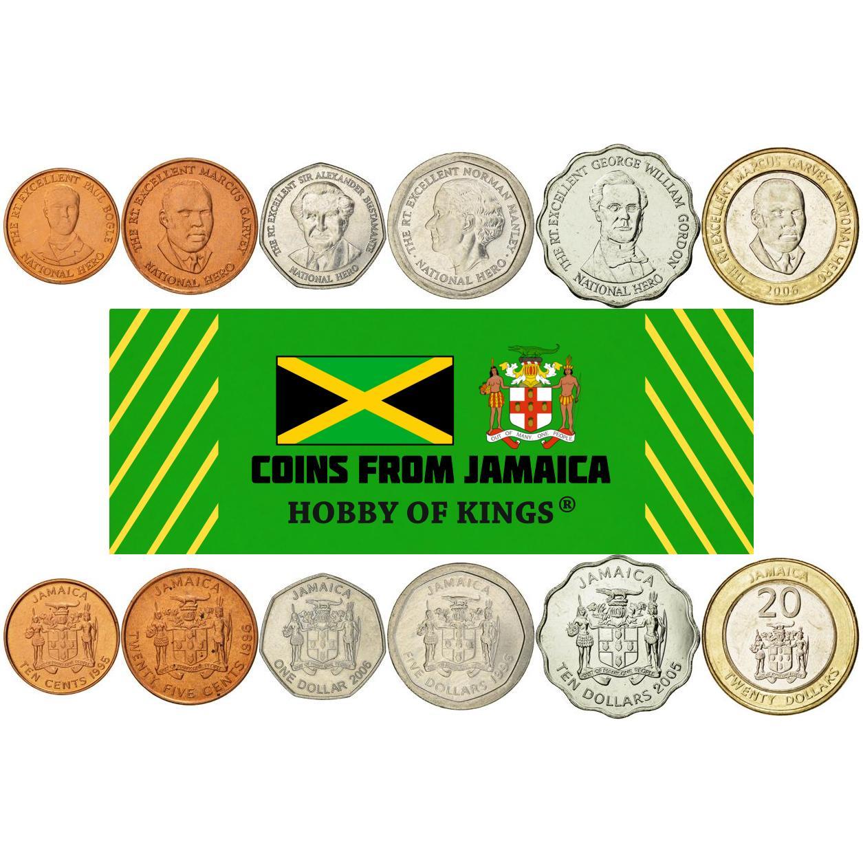 Jamaica | 6 Coin Set | 10 25 Cents 1 Dollar 5 10 20 Dollars | Paul Bogle | Marcus Garvey | Alexander Bustamante | Norman Manley | George William | 1994 - 2008