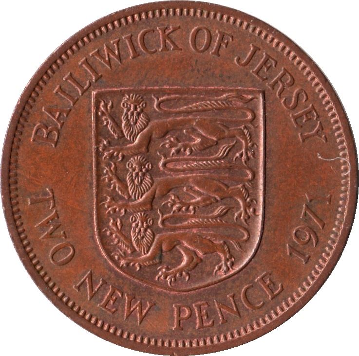 Jersey 2 New Pence Coin | Queen Elizabeth II | Shield | KM31 | 1971 - 1980