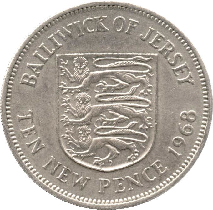 Jersey Coin Islander 10 New Pence | Queen Elizabeth II | Lions | Shield | KM33 | 1968 - 1980