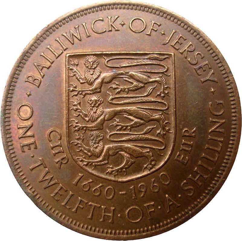 Jersey Coin Islander 1/12 Shilling | Queen Elizabeth II | Lions | Shield | KM23 | 1960