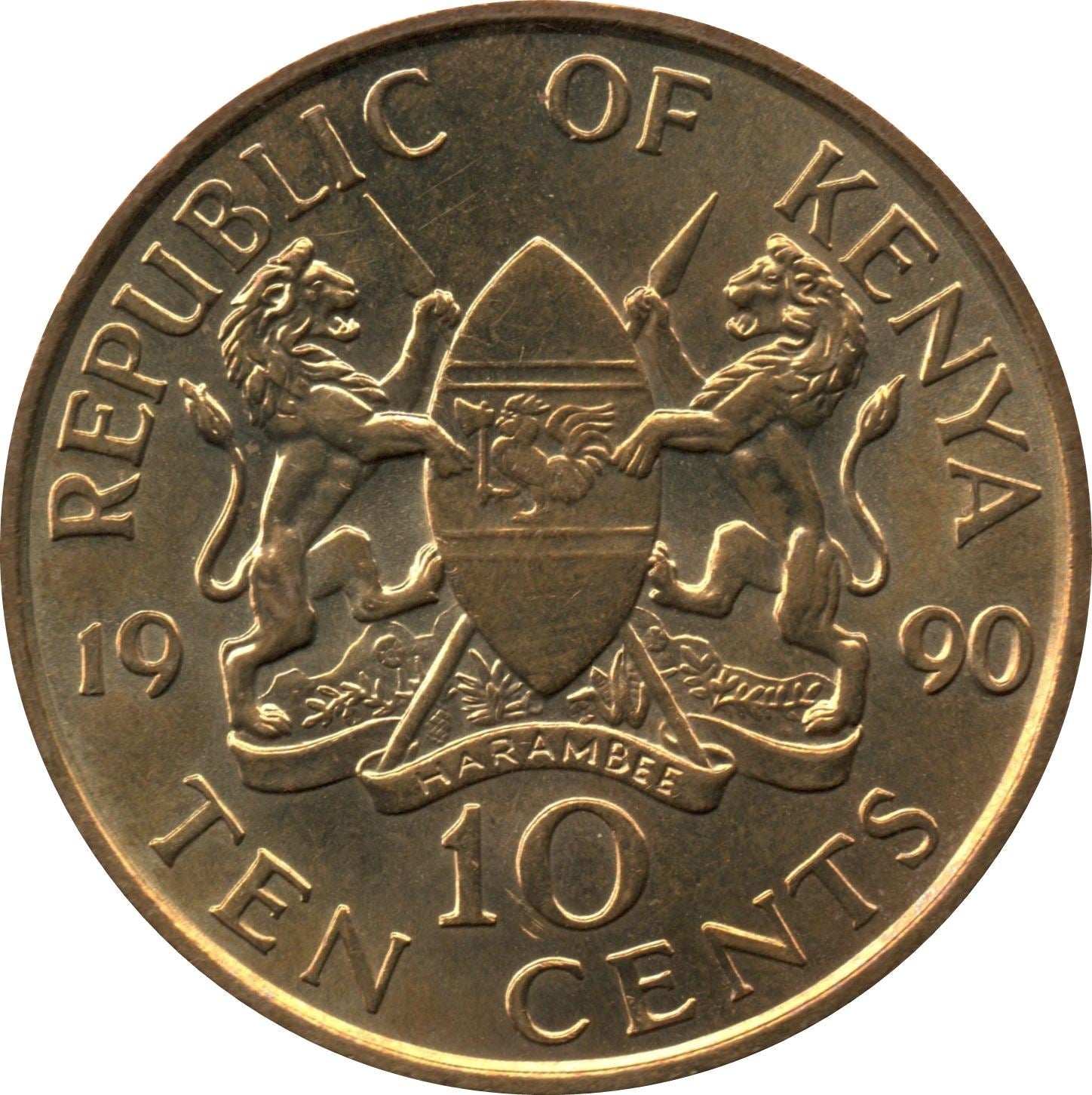 Kenya 10 Cents | Lions | Spears | East African Shield Coin | KM18 | 1978 - 1991