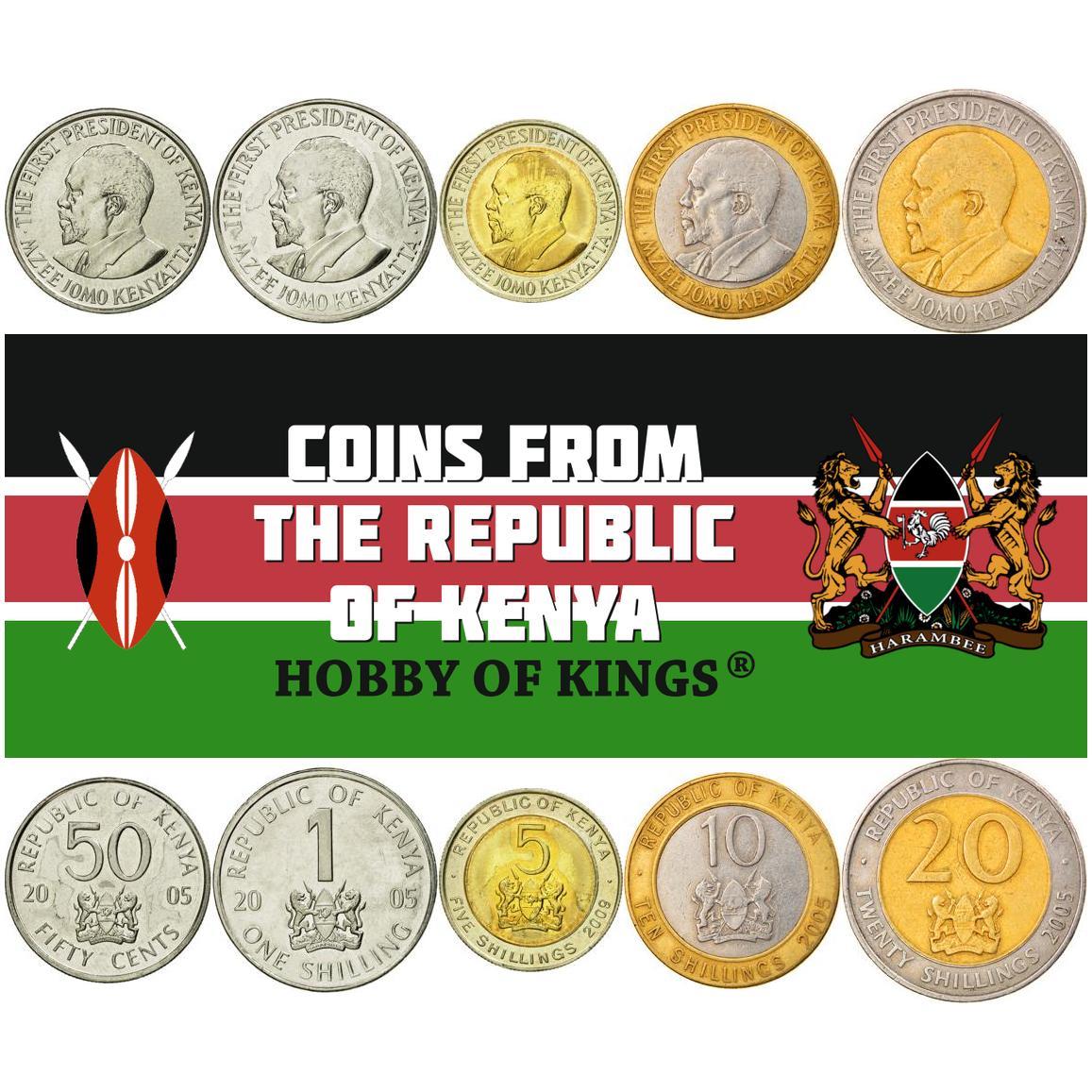 Kenya | 5 Coin Set | 50 Cents 1 Shilling 5 10 20 Shillings | Mzee Jomo Kenyatta | Lions | 2005 - 2009