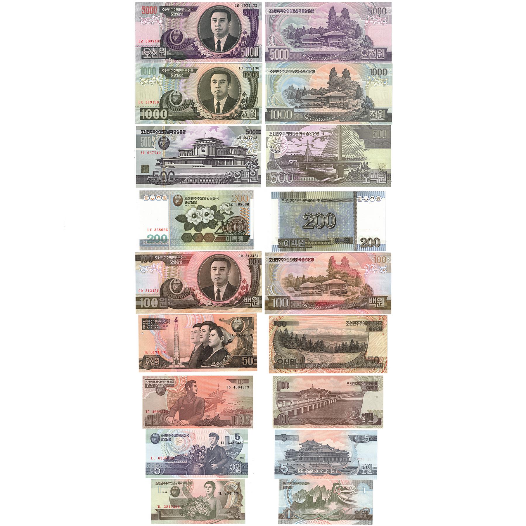 Korea | 9 Banknote Set | 1 5 10 50 100 200 500 1000 5000 Won | UNC | 1992 - 2007