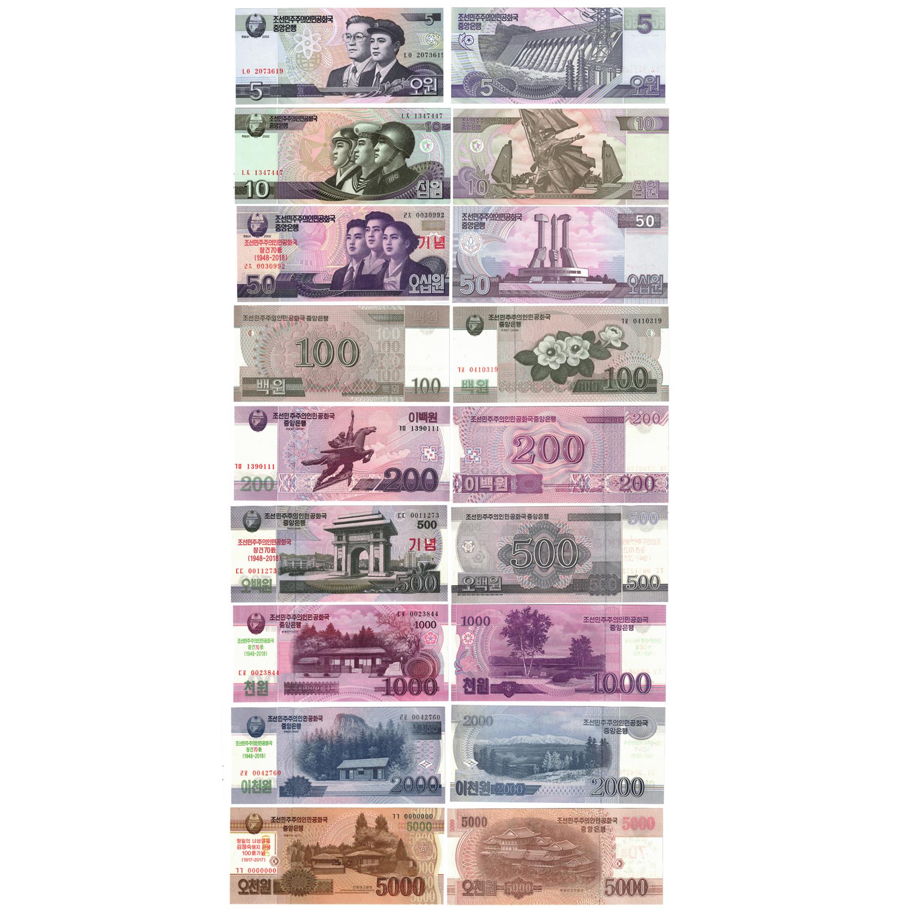 Korea| 9 Banknote Set | 5 10 50 100 200 500 1000 2000 5000 Won | UNC | 2002 - 2019