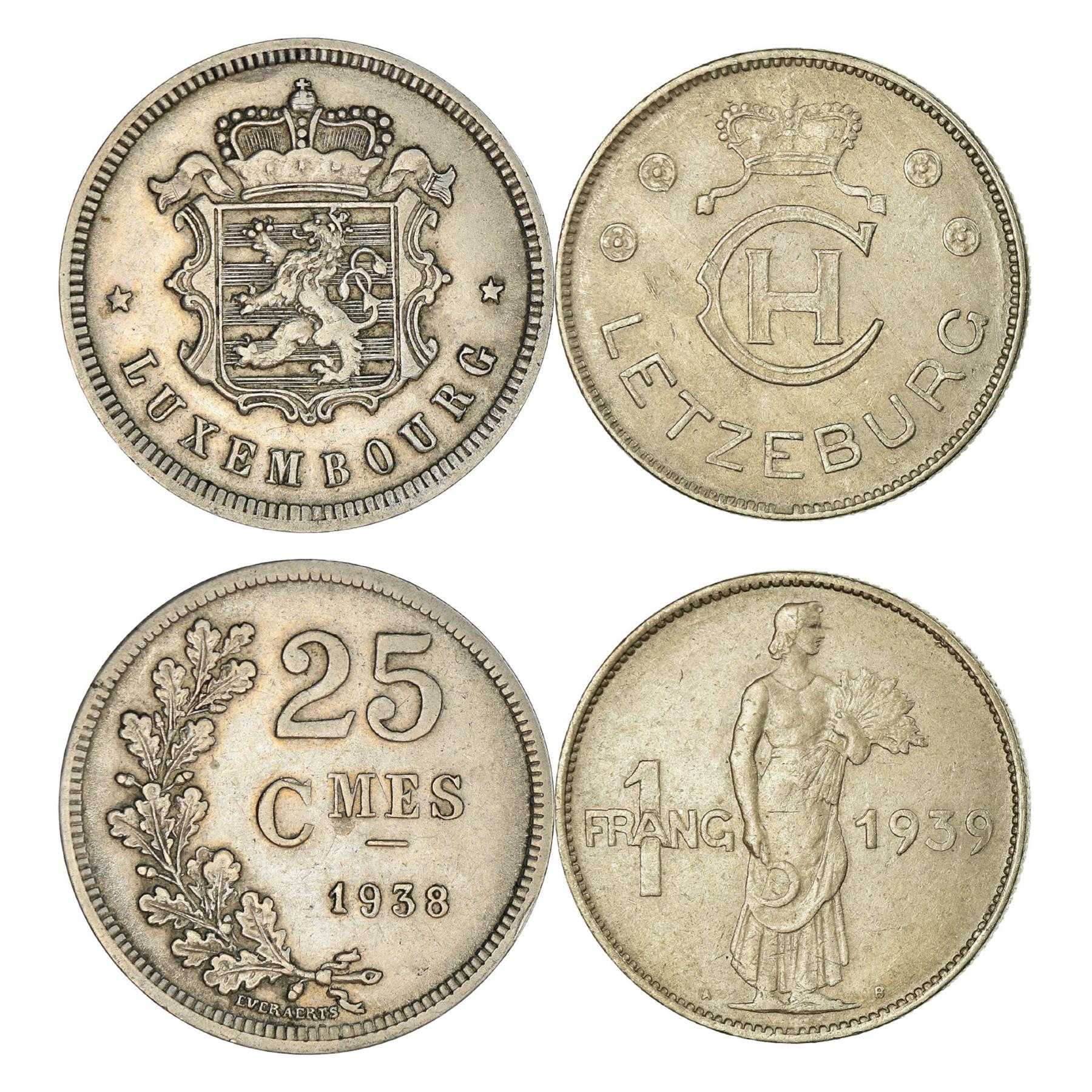 Luxembourger 2 Coin Set 25 Centimes 1 Franc | Charlotte | Crowned Monogram (Ch) Of Charlotte | Luxembourg | 1938 - 1939