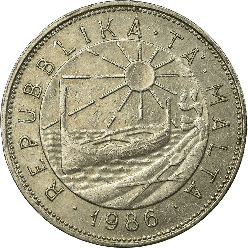 Malta Coin Maltese 50 Cents | Sun | Luzzu Boat | Chiliadenus Bocconei | Plant | KM81 | 1986