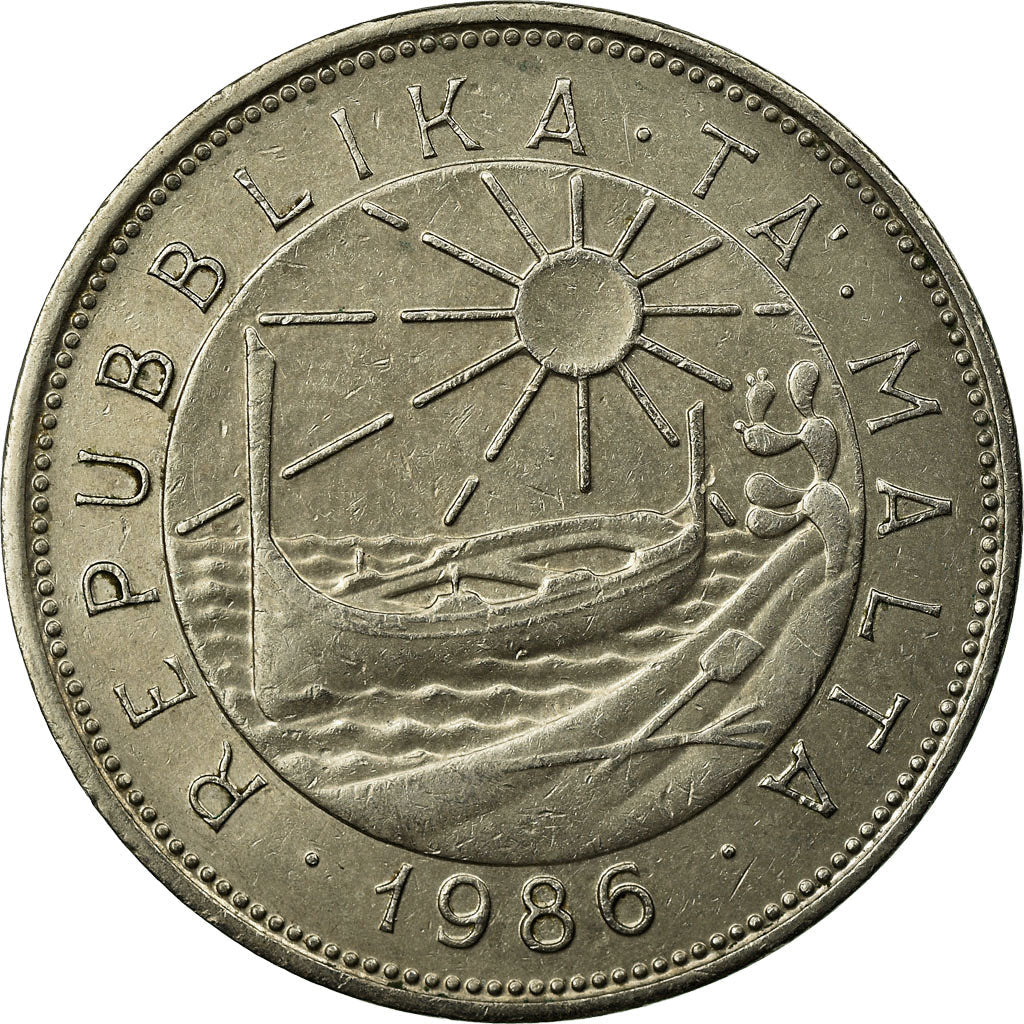 Malta Coin Maltese 50 Cents | Sun | Luzzu Boat | Chiliadenus Bocconei | Plant | KM81 | 1986