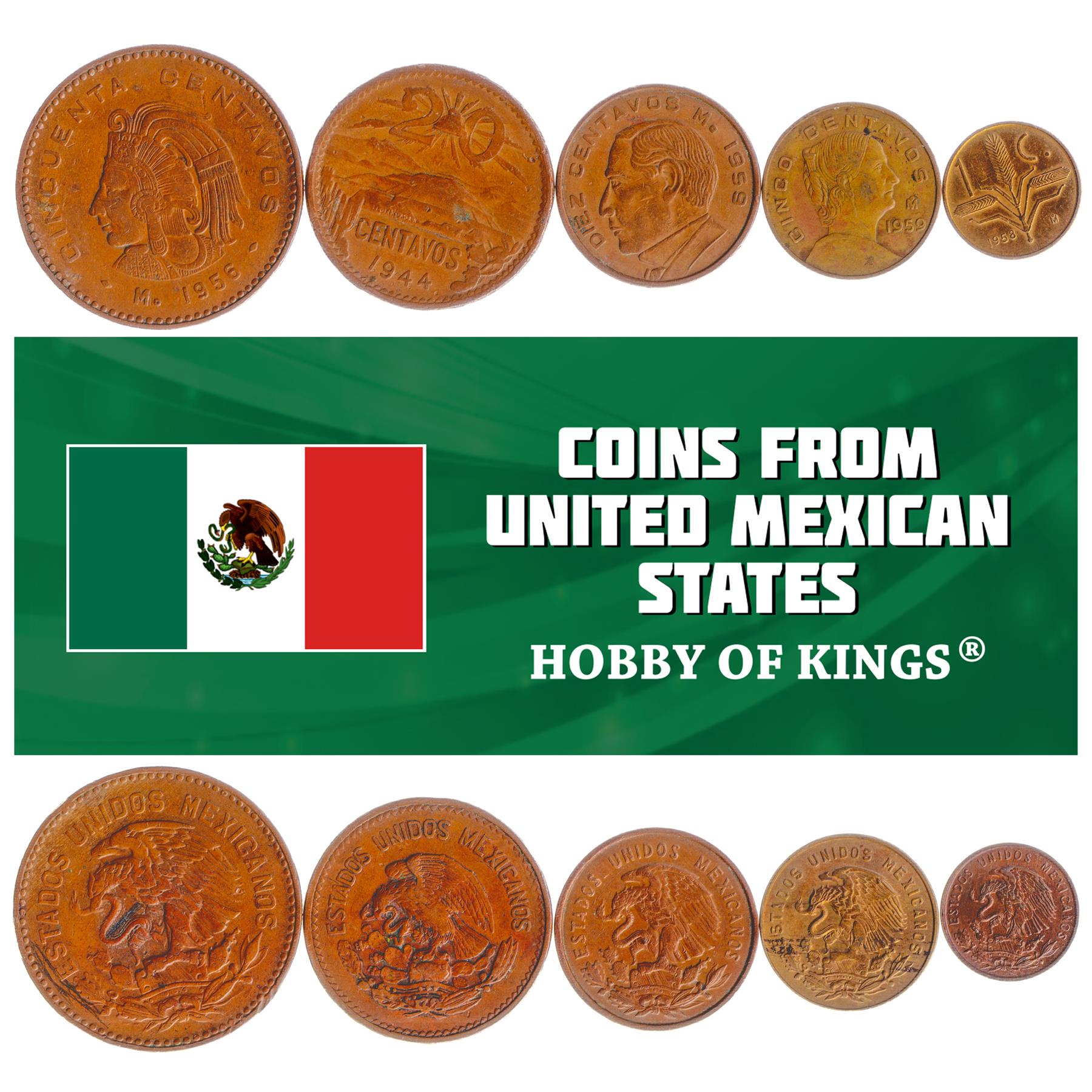 Mexican 5 Coin Set 1 5 10 20 50 Centavos | Opuntia | Golden Eagle | Rattlesnake | Pyramid | Cuauhtemoc | Josefa Ortiz de Domínguez | Benito Juárez | Liberty cap | 1950 - 1971