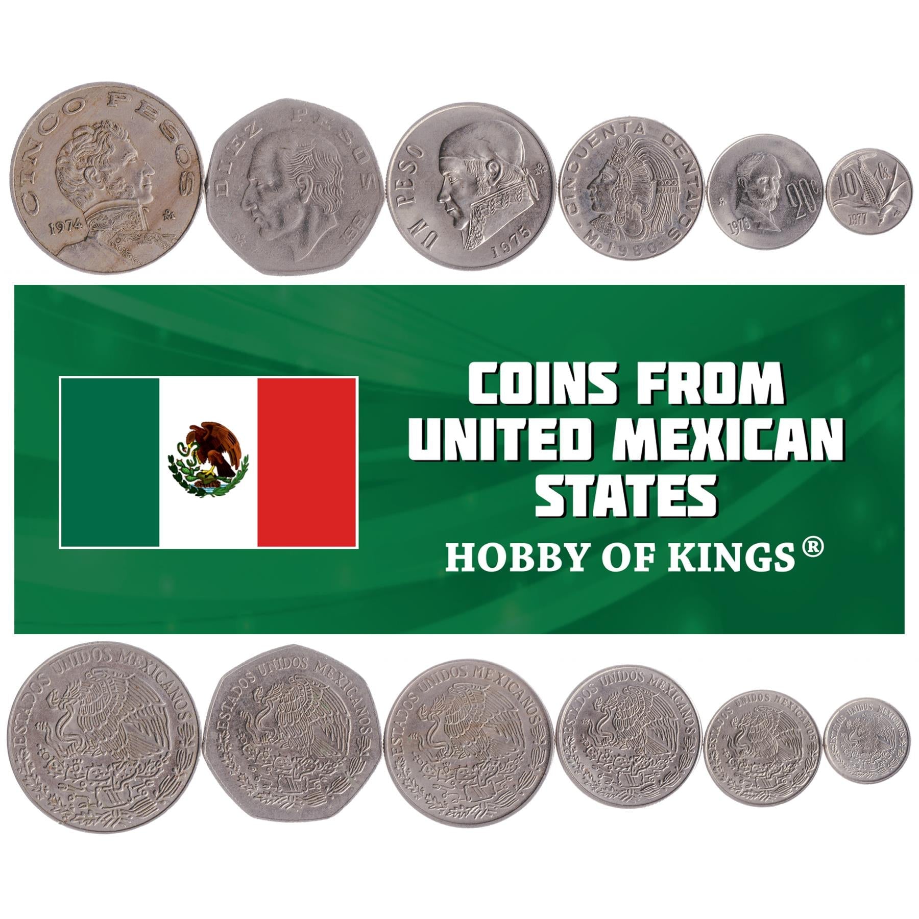 Mexican 6 Coin Set 10 20 50 Centavos 1 5 10 Pesos | Opuntia | Golden Eagle | Rattlesnake | Cuauhtémoc | Vicente Guerrero | Miguel Hidalgo y Costilla | 1970 - 1985