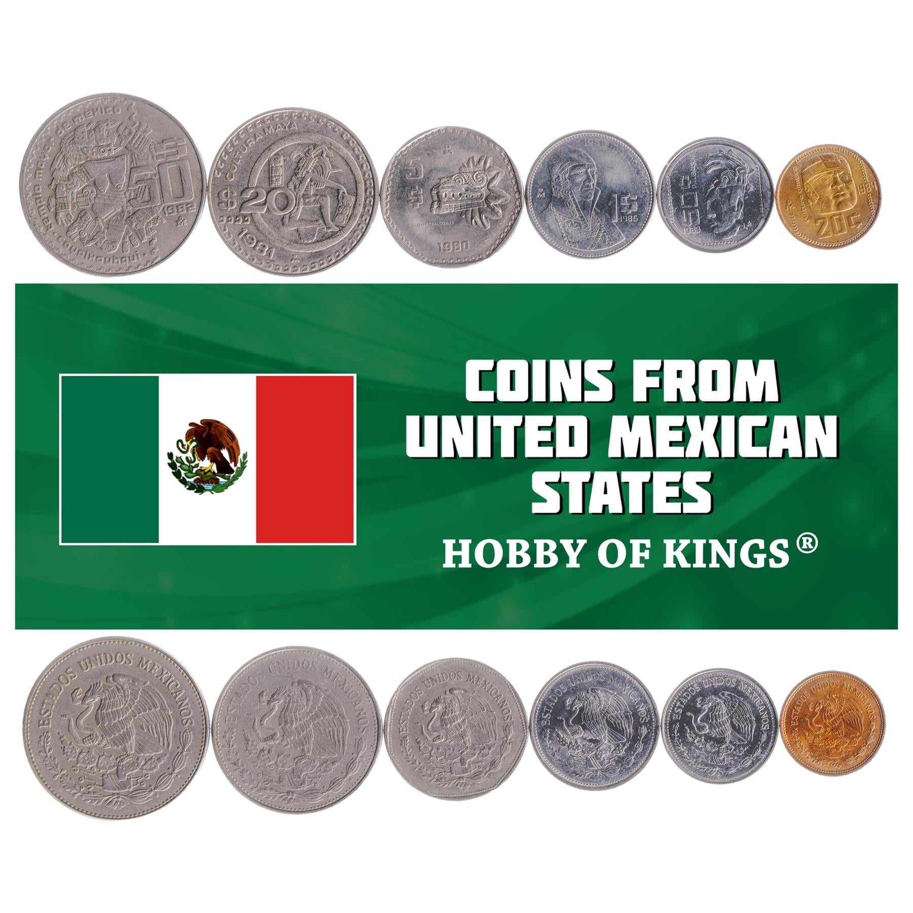 Mexican 6 Coin Set 20 50 Centavos 1 5 20 50 Pesos | Cactus | Golden Eagle | Snake | José Morelos | Coyolxauhqui | Rattlesnake | Pakal the Great | 1980 - 1987