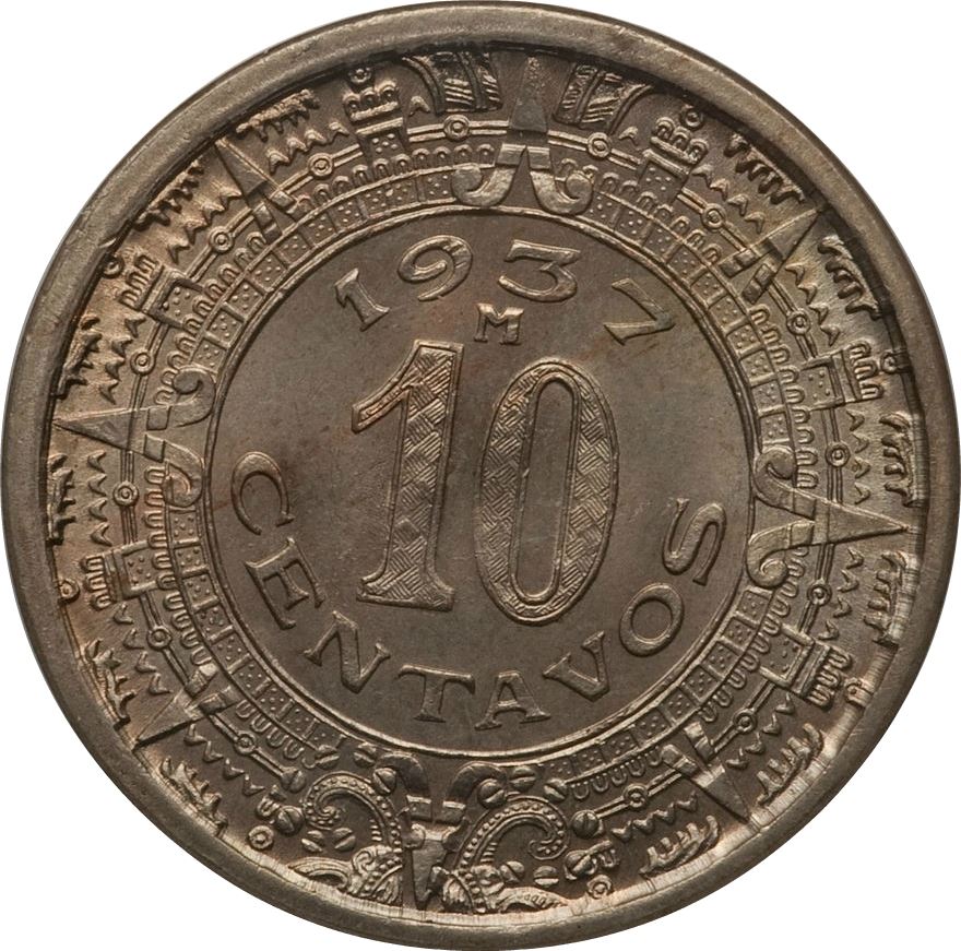 Mexico 10 Centavos Coin | Sun stone | Aztec | Golden Eagle | KM432 | 1936 - 1946