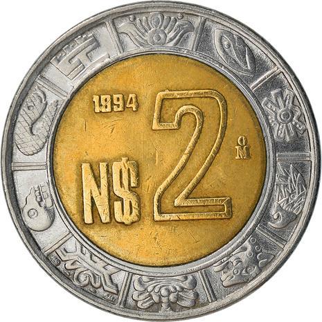 Mexico 2 Nuevos Pesos | Anillo de los Días | Aztec calendar Coin | KM551 | 1992 - 1995