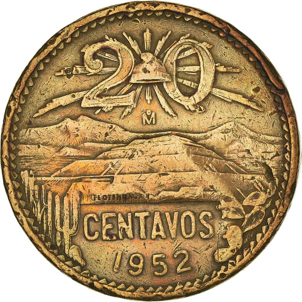 Mexico 20 Centavos | Liberty cap | Pyramid | Teotihuacán Coin | KM439 | 1943 - 1955