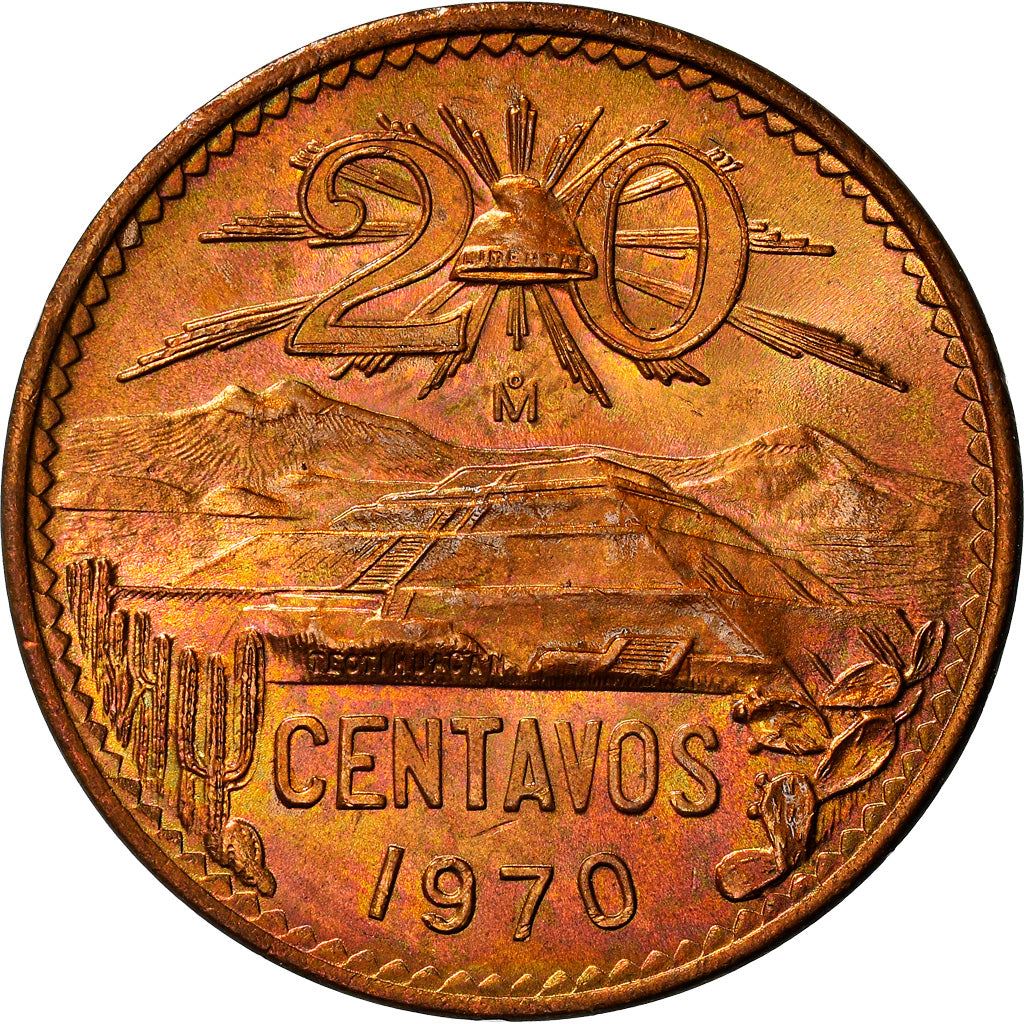 Mexico 20 Centavos | Liberty cap | Pyramid | Teotihuacán Coin | KM440 | 1955 - 1971