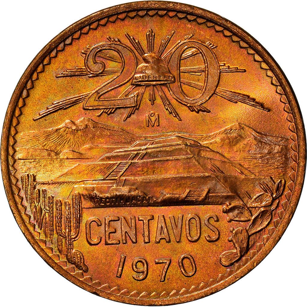 Mexico 20 Centavos | Liberty cap | Pyramid | Teotihuacán Coin | KM440 | 1955 - 1971