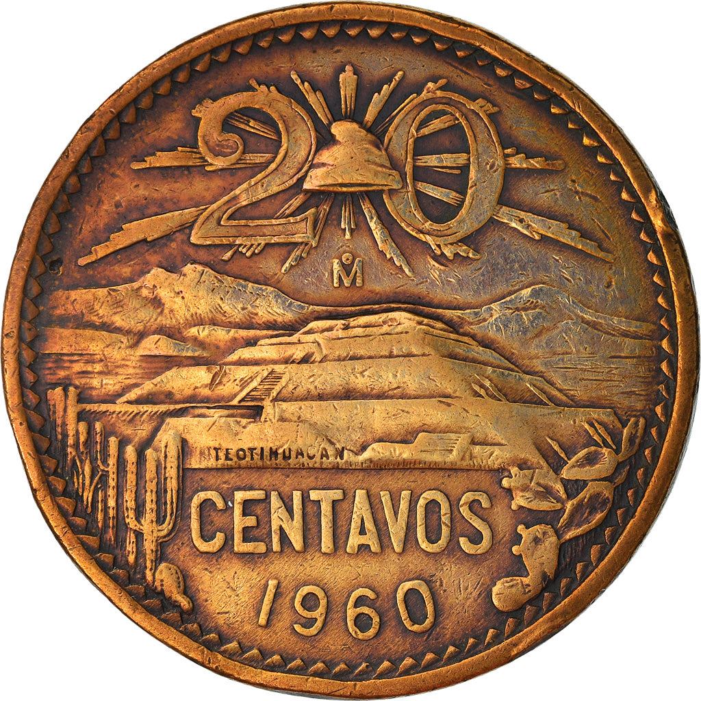 Mexico 20 Centavos | Liberty cap | Pyramid | Teotihuacán Coin | KM440 | 1955 - 1971