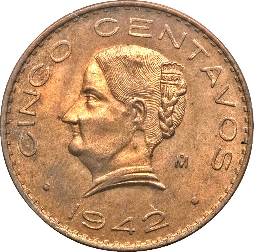 Mexico 5 Centavos | Josefa Ortiz de Dominguez | Oak wreth Coin | KM424 | 1942 - 1955