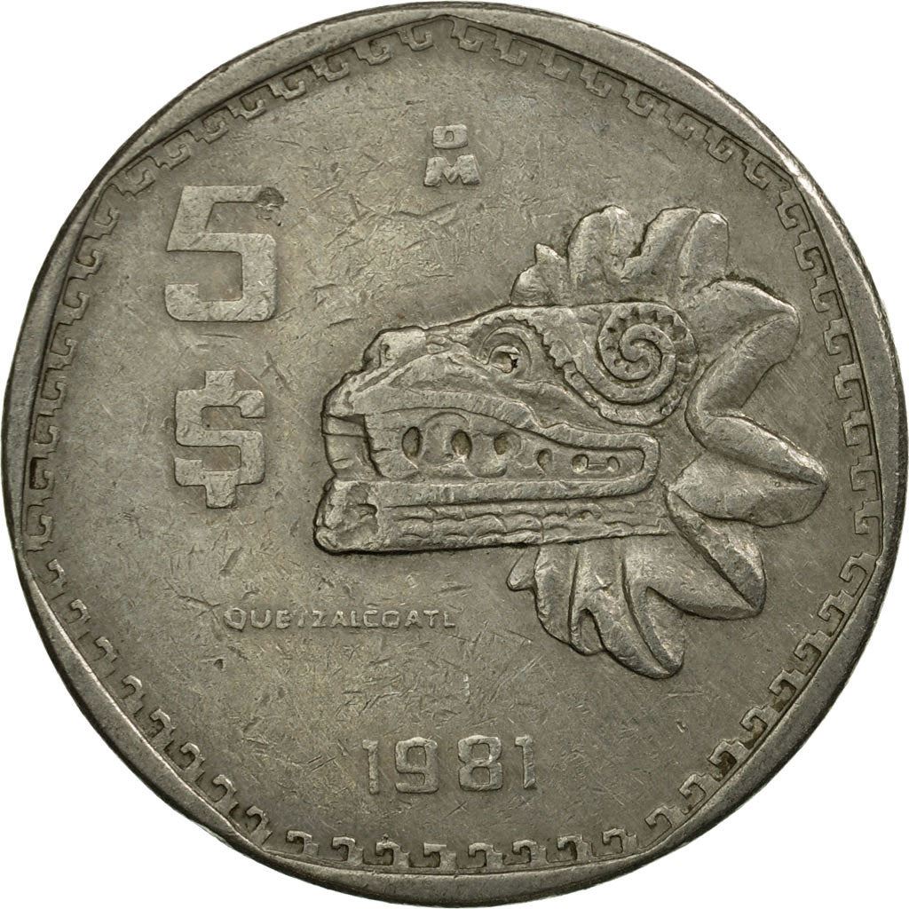 Mexico 5 Pesos | feathered serpent god Quetzalcoatl Coin | KM485 | 1980 - 1985