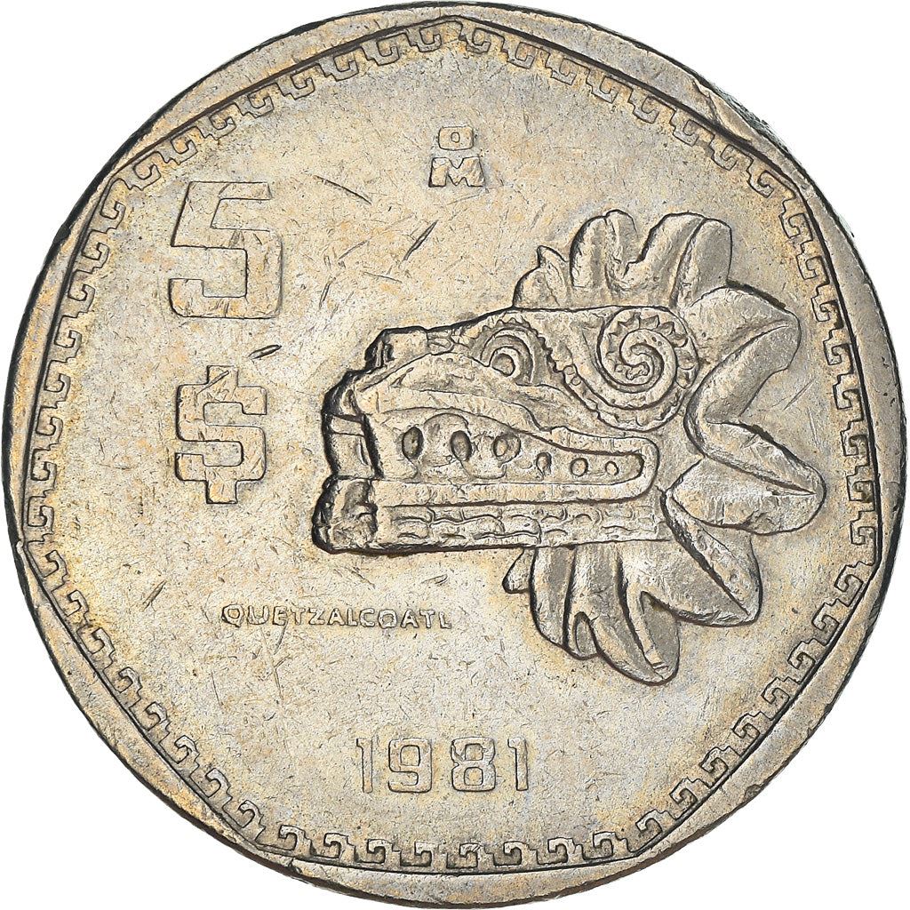 Mexico 5 Pesos | feathered serpent god Quetzalcoatl Coin | KM485 | 1980 - 1985