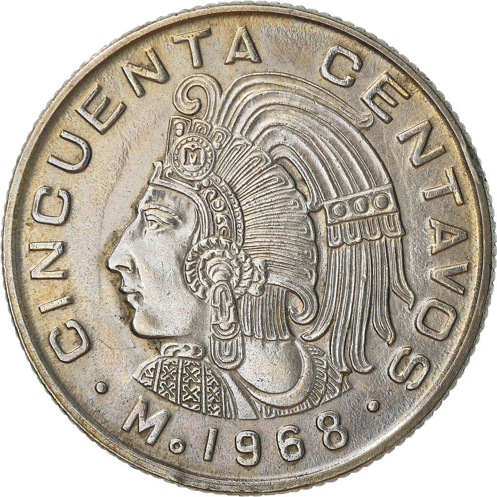 Mexico 50 Centavos Coin | King Cuauhtemoc | Feather crown | KM451 | 1964 - 1969