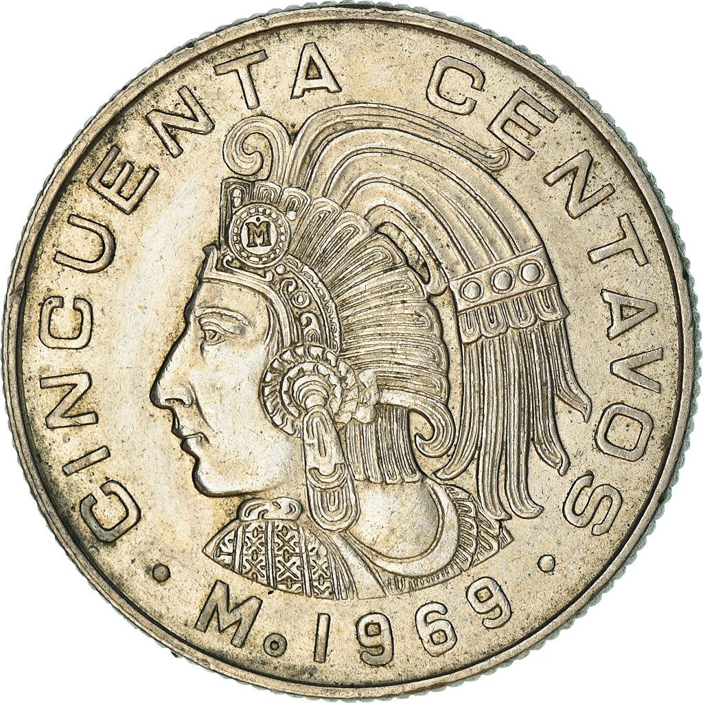 Mexico 50 Centavos Coin | King Cuauhtemoc | Feather crown | KM451 | 1964 - 1969